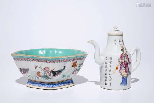 A Chinese famille rose wu shuang pu jug and a bowl with mandarin ducks, 19th C.