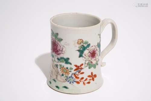 A Chinese famille rose mug with flowers and rockwork, Qianlong