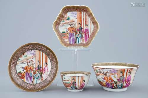 A group of fine Chinese mandarin palette cup, saucer, teapot stand and bowl, Qianlong