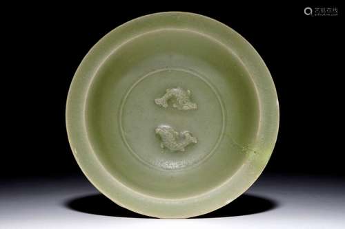 A Chinese Longquan celadon 'Twin fish' dish, Song