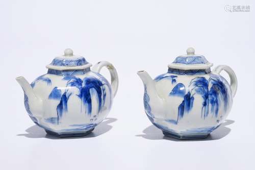 A pair of Japanese Arita miniature blue and white landscape teapots, Edo, 17th C.