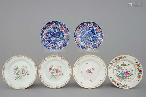 Six Chinese famille rose and clobbered blue & white plates, Kangxi/Qianlong