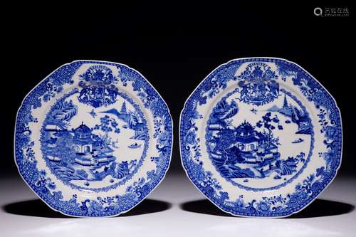 A pair of Chinese blue and white French market armorial plates, Qianlong