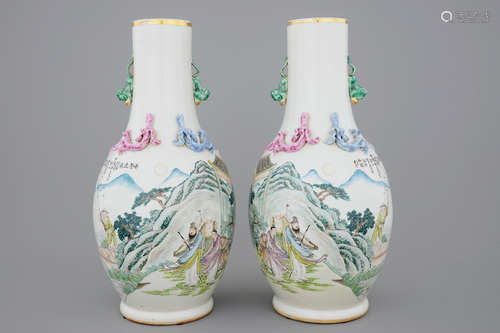 An unusual pair of Chinese famille rose landscape vases, early 20th C.