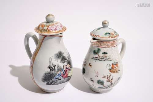 Two Chinese famille rose export milk jugs and covers, Qianlong