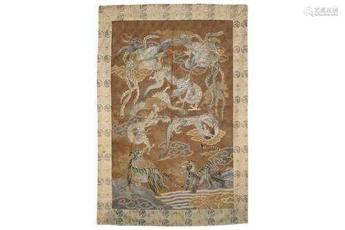 A Japanese embroidered silk wall hanging panel with tigers, dragons and phoenixes, Edo/Meiji, 19th C.