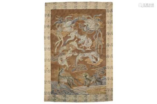 A Japanese embroidered silk wall hanging panel with tigers, dragons and phoenixes, Edo/Meiji, 19th C.