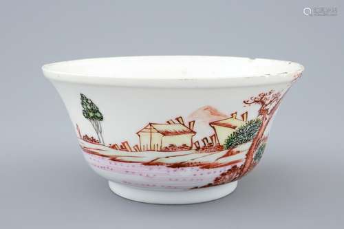 A Chinese famille rose export bowl with a harbour scene, Qianlong