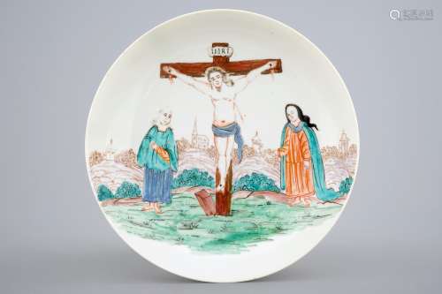 A Dutch-decorated Chinese export porcelain plate with a calvary, Qianlong