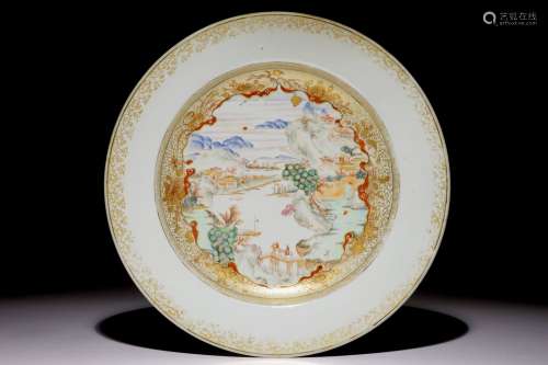 A large Chinese famille rose and gilt dish with a fine landscape, Yongzheng/Qianlong