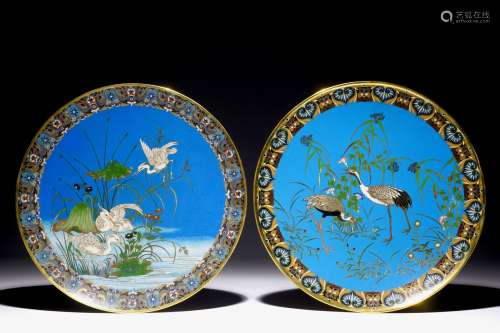A pair of Japanese cloisonne chargers with birds, Meiji, 19th C.