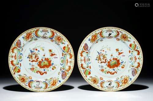 A pair of Chinese famille rose export 'Pompadour' plates, ca. 1745