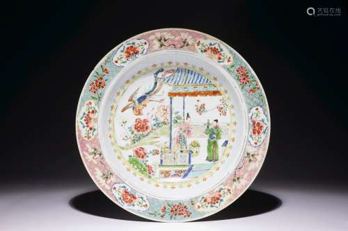 A deep Chinese famille rose dish with a scene from 