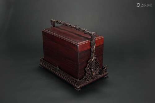 A Chinese Carved Rosewood Box with Cover and Handle