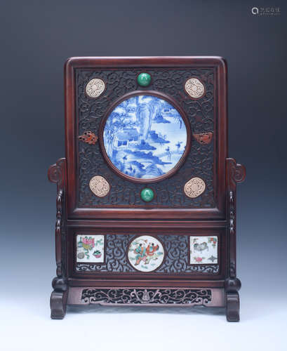 A Chinese Rosewood Table Screen with Blue and White Porcelain Plaque and Stone Inlaided