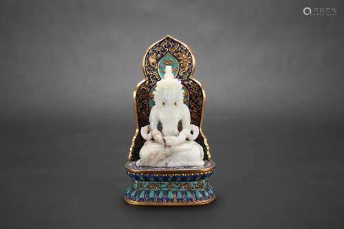 A Chinese Carved Jade Buddha with Cloisonné Base