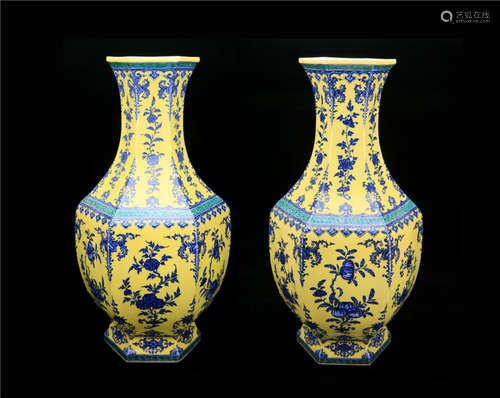 A Pair of Chinese Yellow Glazed Porcelain Vases