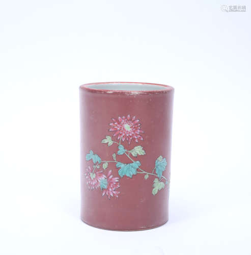 A CHINESE COPPER-RED GROUND FAMILLE-ROSE BRUSH POT