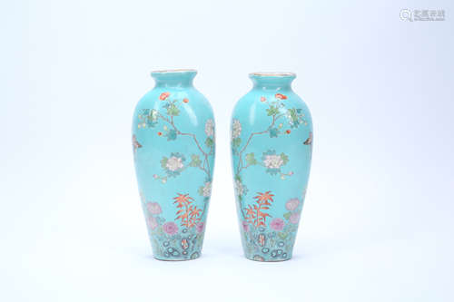 A Pair of Chinese Green Ground Porcelain Wall Vases