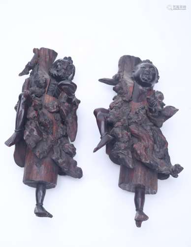Two Chinese Carved Wood Figure of Luohan