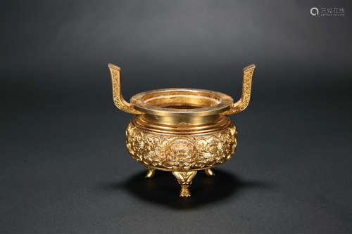 A Chinese Gilt Bronze TriPod Incense Burner