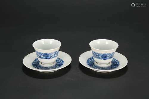 A Pair of Chinese Blue and White Porcelain Cups with Plates