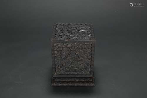 A Chinese Carved Zitan Square Box with Dragon Pattern