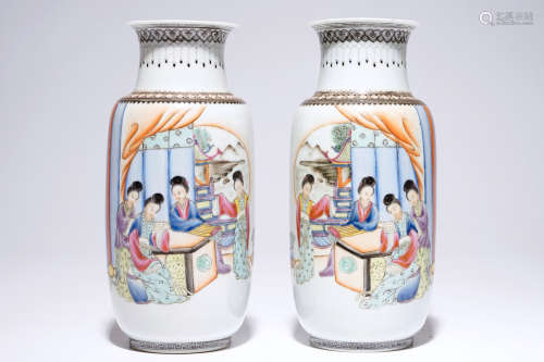 A pair of Chinese famille rose eggshell porcelain vases, Republic, 20th C.