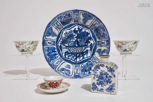 A varied selection of Chinese blue and white and famille rose wares, Wanli, Kangxi and later