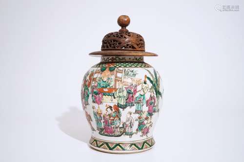 A Chinese famille rose warriors jar with wooden cover, 19th C.