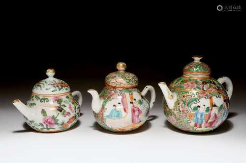 Three Chinese Canton teapots, 19th C.