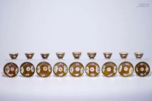 Nine Chinese famille rose on capucin brown ground cups and saucers, Qianlong