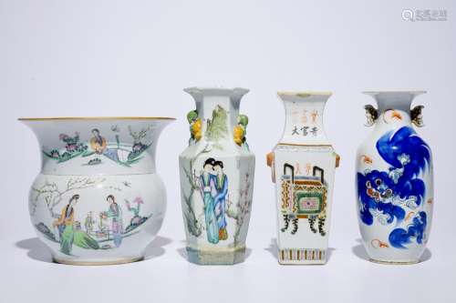 Four Chinese famille rose and polychrome vases, 19/20th C.