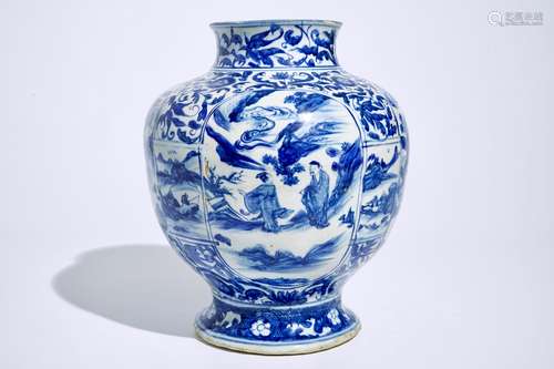 A Chinese blue and white baluster vase with figurative medallions, Ming, Wanli