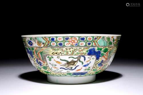 A Chinese famille verte bowl with fish and phoenixes, Kangxi