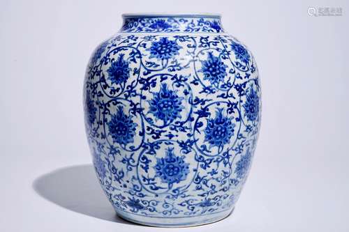 A Chinese blue and white lotus scroll vase, Ming, Wanli