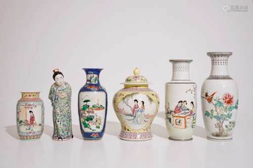 Five Chinese famille rose vases and a standing figure, 19/20th C.