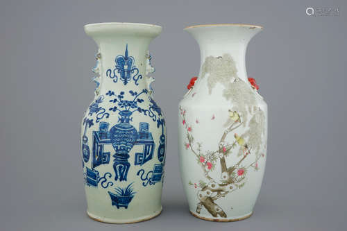 Two Chinese famille rose and blue and white on celadon ground vases, 19/20th C.