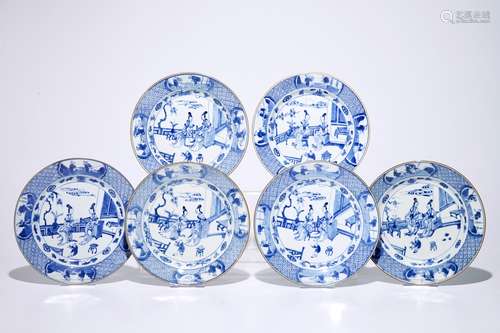 Six Chinese blue and white dishes with the The Two Qiaos, Kangxi/Yongzheng