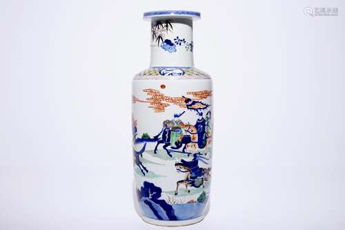 A large Chinese rouleau vase with equestrian soldiers, 20th C.