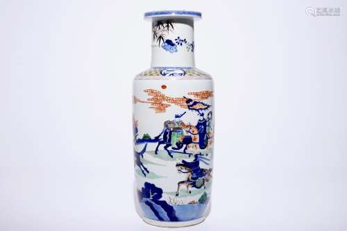 A large Chinese rouleau vase with equestrian soldiers, 20th C.