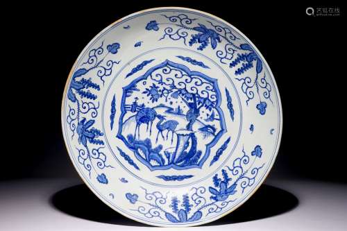 A Chinese blue and white dish with deer and a monkey, Ming, Jiajing