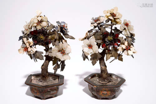 A pair of Chinese jade, soapstone, agate and coral trees in cloisonne pots, China, 19/20th C.
