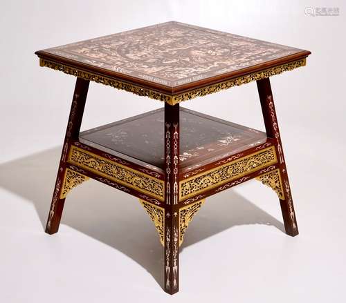 A Chinese parcel-gilt and sculpted wood table with bone inlay, 20th C.