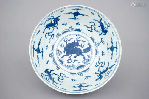 A blue and white Chinese porcelain bowl with horses, Ming, Jiajing/Wanli