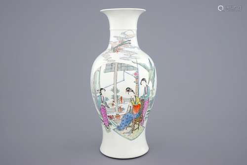 A fine Chinese famille rose vase with ladies playing music, 19/20th C.