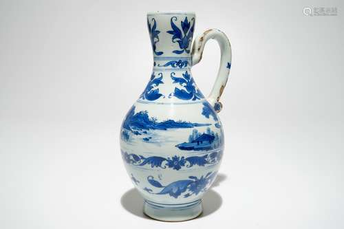 A Chinese blue and white jug with landscape design, Transitional period, Chongzhen