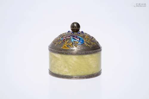 A Chinese enameled silver and jade cylindrical box, ca. 1900