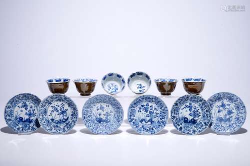 Six Chinese blue and white on capucin brown ground cups and saucers, Kangxi