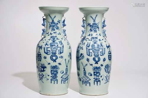 A pair of Chinese blue and white on celadon ground vases, 19th C.